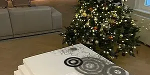 Ein Stapel Jahrbuchausgaben auf einem Tisch vor einem geschm&uuml;ckten Tannenbaum