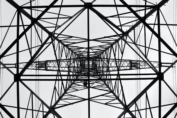 A telephone tower from below